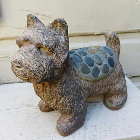 Vintage Scotty Terrier Solid Concrete Cement Stone w/Inlaid Stone Saddle - Picture 1 of 14